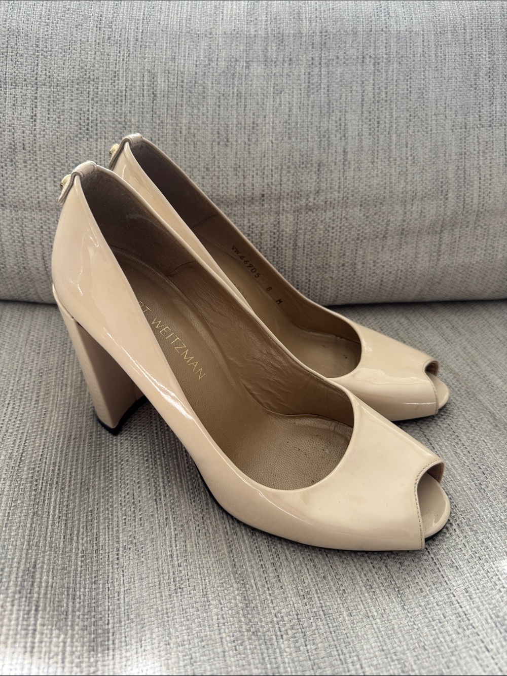 Stuart Weitzman Nude Patent Peep-Toe Block Heels